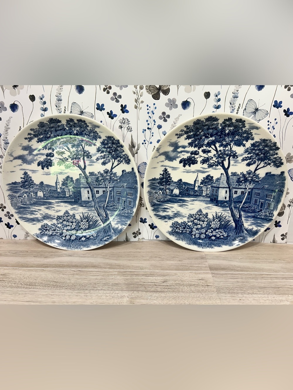 Vintage English Village Japan Blue Transferware Plates Pair